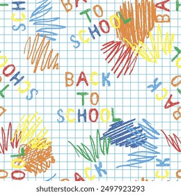 Text back to school with colored strokes on notebook in cage background. Seamless pattern. Vector illustration.