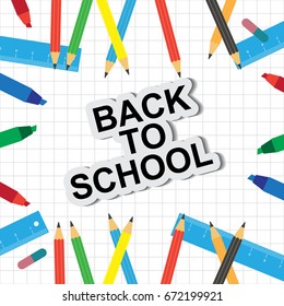 Text back to school  with colorful text and drawings by colored pencils in white background. Vector illustration