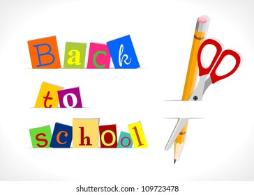 text "back to school" - colorful letters on white background - with pencil and scissors - vector illustration