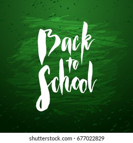 Text back to school - hand drawn lettering with chalk on green blackboard. Big sale banner. Vector illustration stock vector.