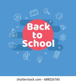 Text "back to school" on a colored background.Simple inscript with school icons on the blue background.
