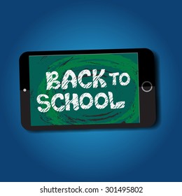 Text "Back to school" on screen of phone. Vector illustration.