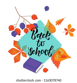 Text BACK TO SCHOOL. Orange leaves on a blue background. Design element for the design of leaflets, cards, envelopes, covers, flyers. Vector illustration EPS 10.

