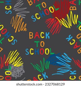 Text back to school from rainbow font with drawn by hand colored strokes. Seamless pattern. Vector illustration.