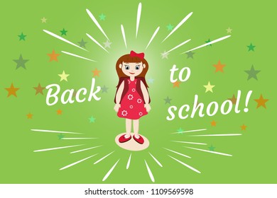 text back to school for sale on a green background with a salute and stars, in the center of a scale girl with a backpack in a flat style