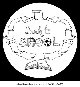 Text back to school, surrounded by a book and a frame of flying leaves. School word from letter signs football, basketball,ruler, opened book. Library, literature,  school, learning. Hand drawn vector