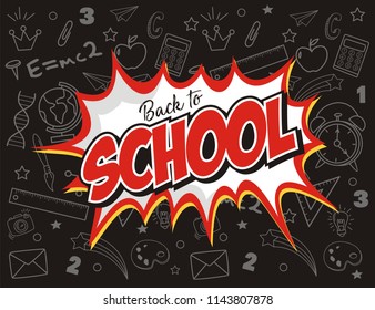  Text back to school. Various hand-drawn school items on a white background
