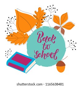 Text BACK TO SCHOOL.Orange leaves on a blue background. Design element for the design of leaflets, cards, envelopes, covers, flyers. Vector illustration EPS 10.

