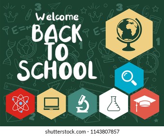  Text back to school.Various hand-drawn school items on a white background