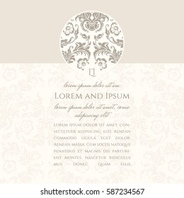 Text background with floral damask pattern in light-brown color. Wedding invitation and party card with monogram place in classic style