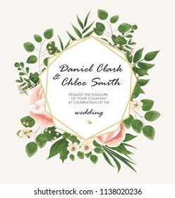 the text background with flowers peonies and Jasmine, branches of eucalyptus. Postcard, business card of florist, decorator, wedding invitation in pastel colors. Vector illustration in Botanical style