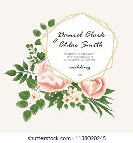 the text background with flowers peonies and Jasmine, branches of eucalyptus. Postcard, business card of florist, decorator, wedding invitation in pastel colors. Vector illustration in Botanical style