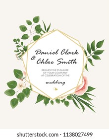 the text background with flowers peonies and Jasmine, branches of eucalyptus. Postcard, business card of florist, decorator, wedding invitation in pastel colors. Vector illustration in Botanical style