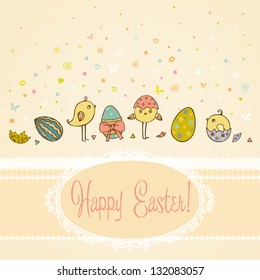 Text background with hand drawn cute illustration for Easter greeting with colorful ornamental eggs and little chicken and place for your text. Template for design and scrapbooking