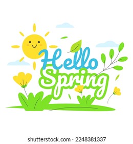 text background Hello spring season card with sun, plants, leaves and floral decoration. flat design illustration vector eps10