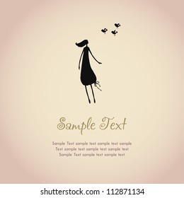 Text background with illustration of silhouette girl and birds, template for design