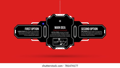 Text background with two options and hi-tech elements in black and red techno style on flat vibrant background