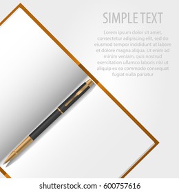 Text Banner With Clean Page Notepad And Golden Pen. Transparent Realistic Vector 