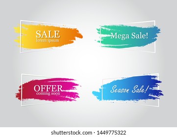 Text banner flat design set isolated on gray background. Brush stroke banners for label, title, shape, frame and text box. Useful for discount tag, smear paint, sticker and badge. Modern box banners