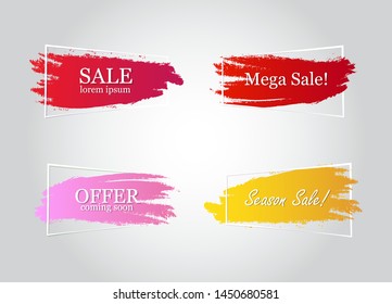 Text banner flat design set isolated on gray background. Brush stroke banners for label, title, shape, frame and text box. Useful for discount tag, smear paint, sticker and badge. Modern box banners