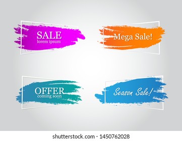 Text Banner Flat Design Set Isolated On Gray Background. Brush Stroke Banners For Label, Title, Shape, Frame And Text Box. Useful For Discount Tag, Smear Paint, Sticker And Badge. Modern Box Banners