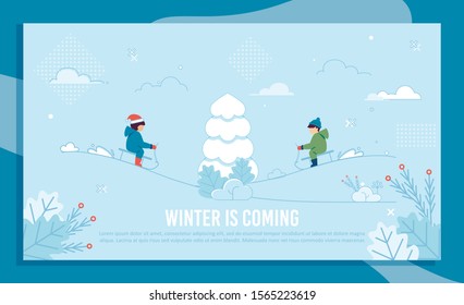 Text Banner in Frame with Cheerful Kids on Sled. Holidays Fun in Winter. Happy Children Sledding Down Hill Covered with Snow. Fir Tree Spruce and Natural Park Scene. Vector Cartoon Flat Illustration