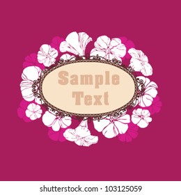 Text banner with frame and flowers on purple background