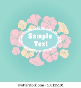 Text banner with frame and flowers on blue background
