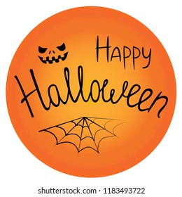 Text banner Happy Halloween with a cobweb and a scary face on an orange background