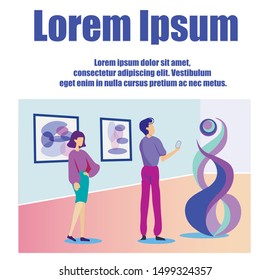 Text Banner Inviting to Modern Art Gallery Exhibition. Cartoon Man and Woman Characters Looking at Contemporary Structural Installation. Abstract Painting Hanging on Wall. Vector Flat Illustration