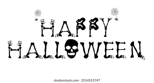 Happy Halloween Text Banner made from Skeletons Bones. Halloween Fancy Elements Spider Web, Skeletons. Halloween Elements on white Background. Website Spooky, Background or Banner 