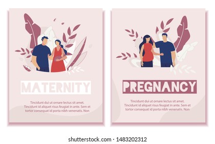 Text Banner Set Advertise Pregnancy and Maternity. Cartoon Father Hugging Mother Standing with Newborn Baby in Hand and Man Embracing Pregnant Woman. Happy Parenthood. Vector Flat Illustration