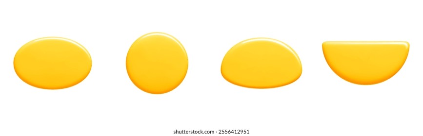 Text banner shapes in 3d bright yellow vector. Collection features oval, circular, rounded irregular and semicircular glossy buttons. Suitable for game interface design or modern web elements.