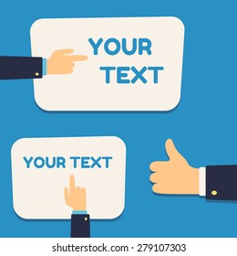 Text banner template set with pointing cartoon hands and "like" thumb up hand gesture.