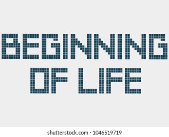 Text beginning of life. Old computer font, squares, staircase effect. Pixel square font. Vector alphabet letters. Typeface design.