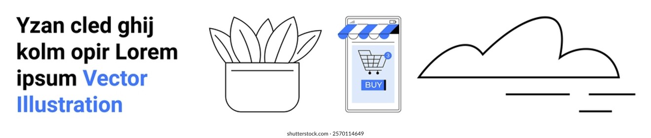 Text beside a plant, smartphone with a shopping cart icon, and a stylized cloud outline. Ideal for e-commerce, digital marketing, online shopping, cloud technology, nature. Banner for landing page