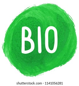 Text Bio on round green watercolor background. Vector illustration

