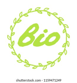 Text Bio in round frame with green leafs. Vector illustration
