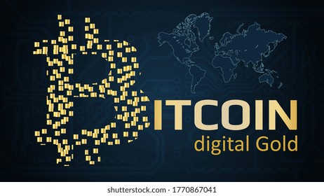 Text bitcoin digital gold written in gold color on a dark background. Bitcoin logo made of golden blocks. Circuit board and world map on background. For websites, news and articles. Vector EPS 10.