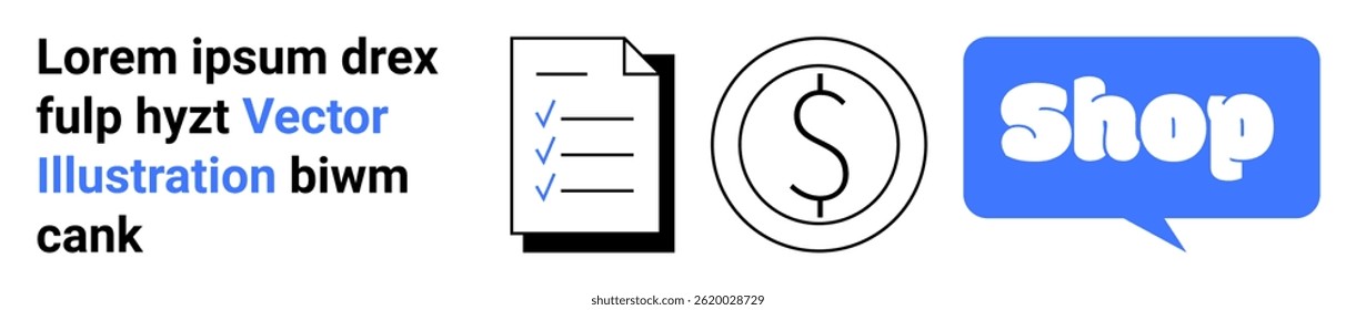 Text in schwarz und blau, eine Checkliste, ein Dollarzeichen und eine blaue Sprechblase mit Shop. Ideal für E-Commerce, Online-Shops, Geschäftswachstum, Finanzmanagement, Marketingstrategien. Banner