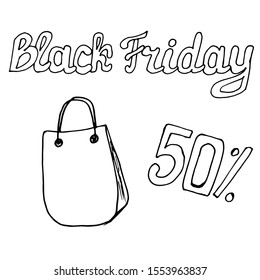 Text ,, Black Friday "50 percent, sale lettering. Hand-drawn. Grunge calligraphy textures. Light background for logo, banners, stickers, badges, prints, posters, web. Vector illustration
