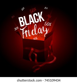 Text Black Friday in the gift box with red ribbon