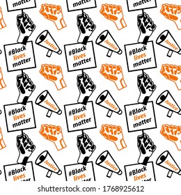 text black lives matter hashtag social media wallpaper, protest art orange and black seamless pattern, raised fist and banner, loudspeaker justice message, white background, vector illustration