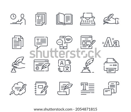 Text black and white icons. Copywriting, text writing, mossing. Graphic elements for websites selling books, literature, writer. Cartoon flat vector illustration isolated on white background