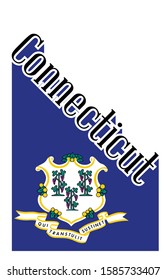 Text in black and white proclaiming Connecticut with a shadow backdrop with state flag over white