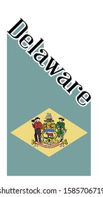 Text in black and white proclaiming Delaware with a shadow backdrop with state flag
