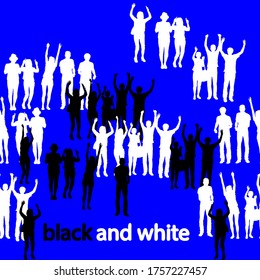 Text Black and white, seamless pattern with silhouettes of black and white people on a blue background, vector illustration