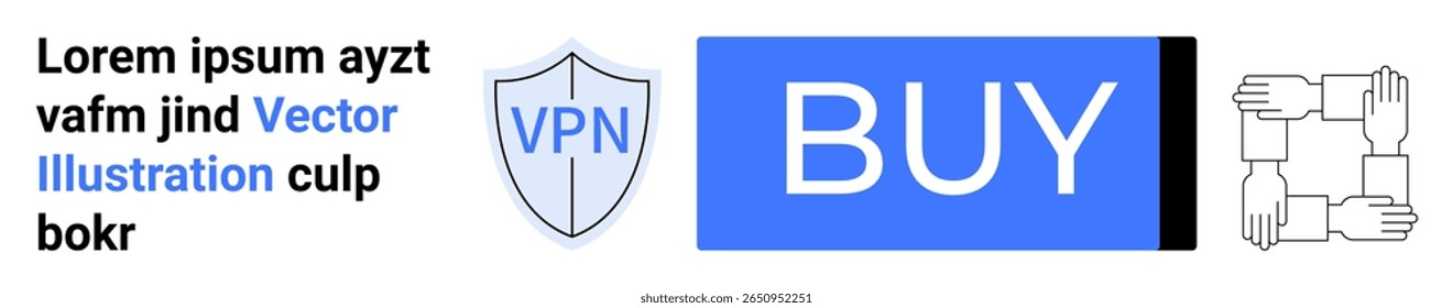 Text block beside icons of a VPN shield, BUY button, and connected hands. Ideal for VPN services, security, online shopping, teamwork, collaboration, protection, digital marketing. Landing page