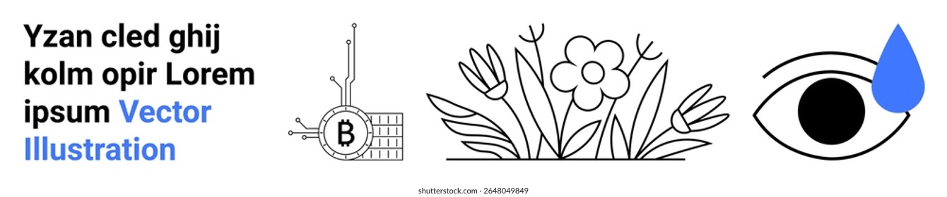 Bloco de texto, símbolo de criptomoeda, flores florescendo, olho com gota azul. Ideal para tecnologia, criptomoeda, temas da natureza, design emocional, recursos do site, visuais de marketing, conteúdo educacional