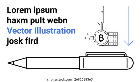 Text block, cryptocurrency symbol with circuits, geometric arrow, and pen. Ideal for finance, blockchain technology, digital currency, fintech presentations, educational materials, web design